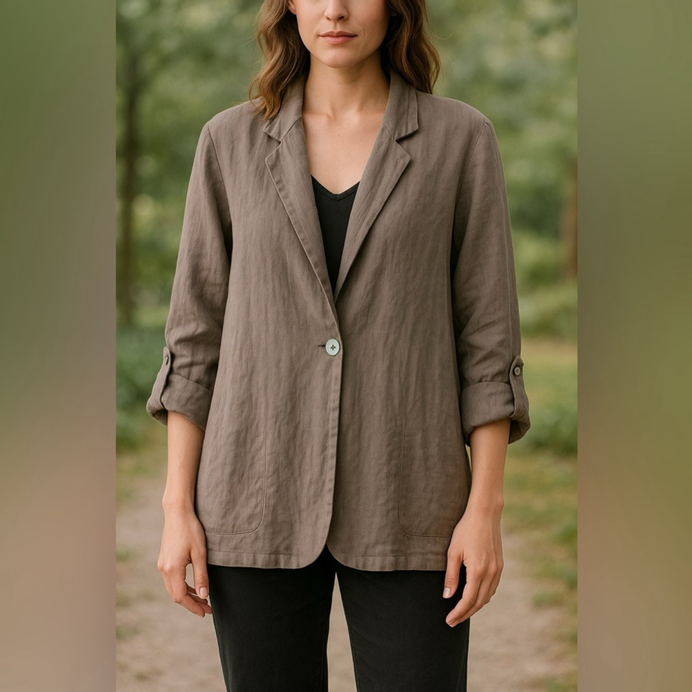Taupe 100% Linen Lagenlook Blazer – Made in Italy